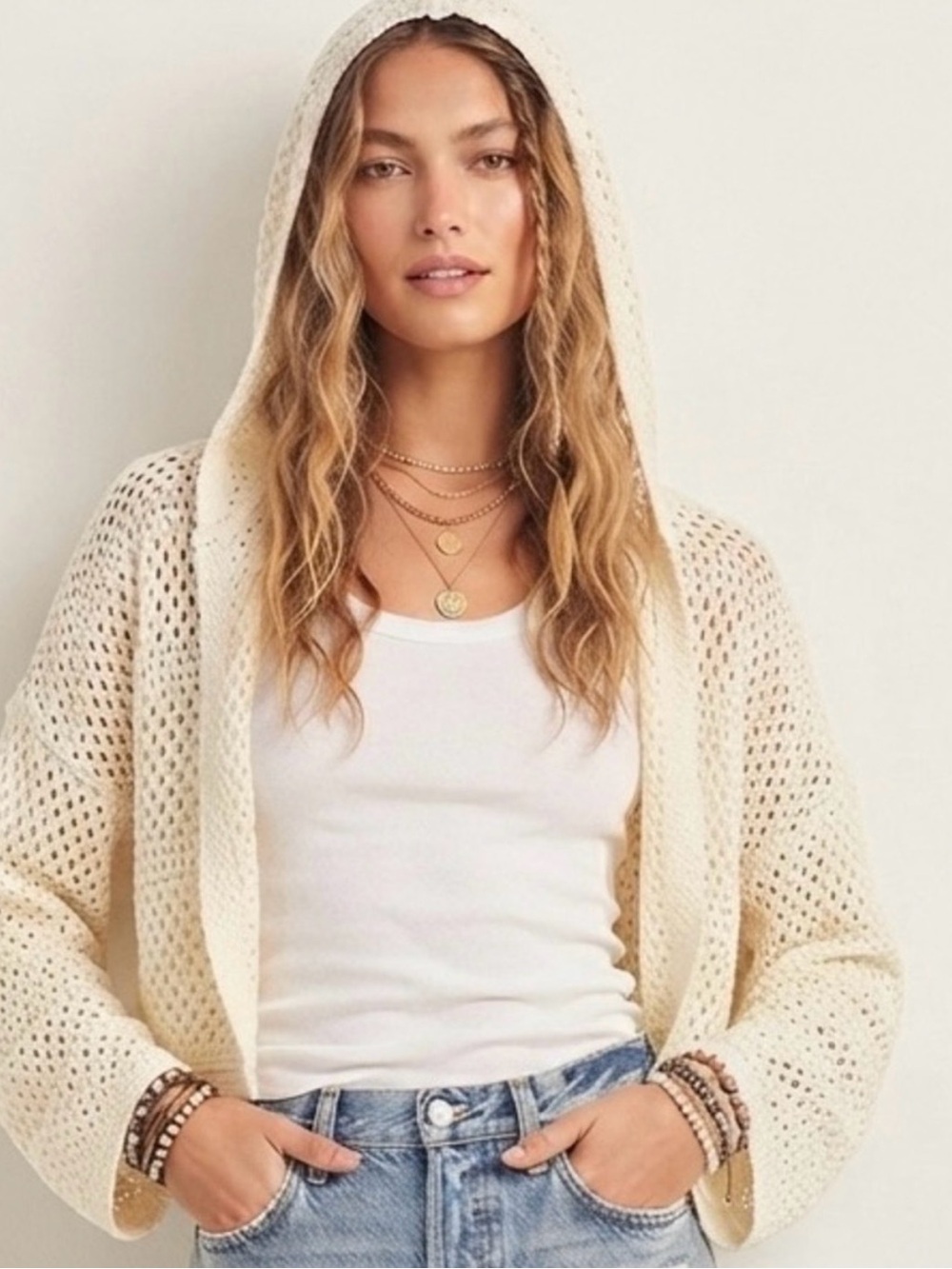 Derek Heart Cream Open-Knit Mesh Hooded Crop Sweater 🤍✨ Large